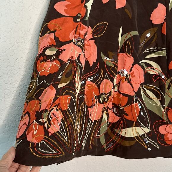 Talbots Silk Full Skirt Brown Embellished Embroidered Coral Floral Academia Twee - Picture 2 of 6